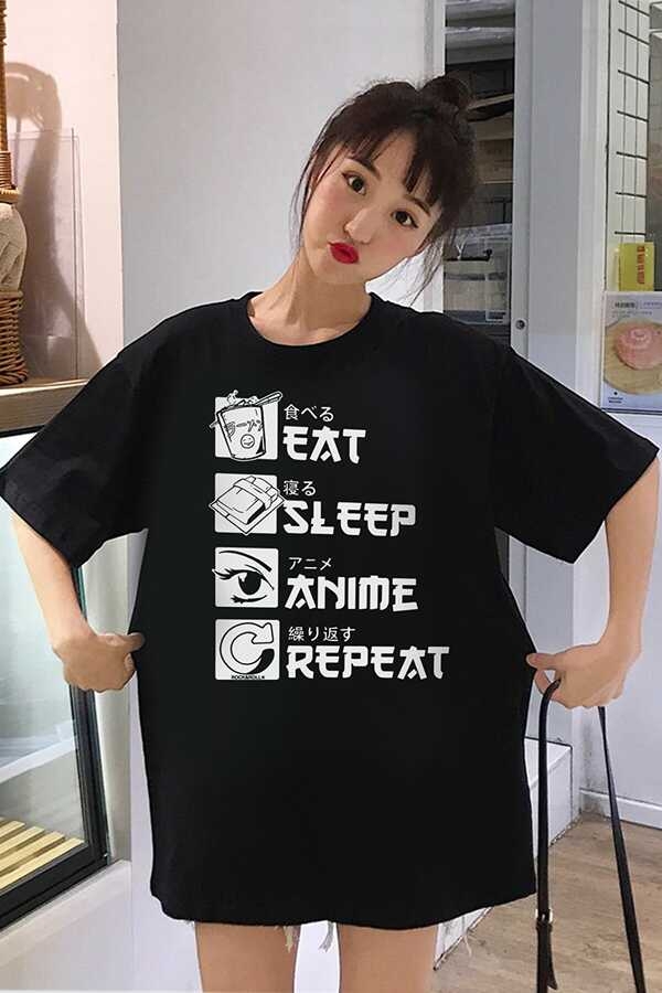 Hep Anime Siyah Oversize Kısa Kollu Kadın T-shirt