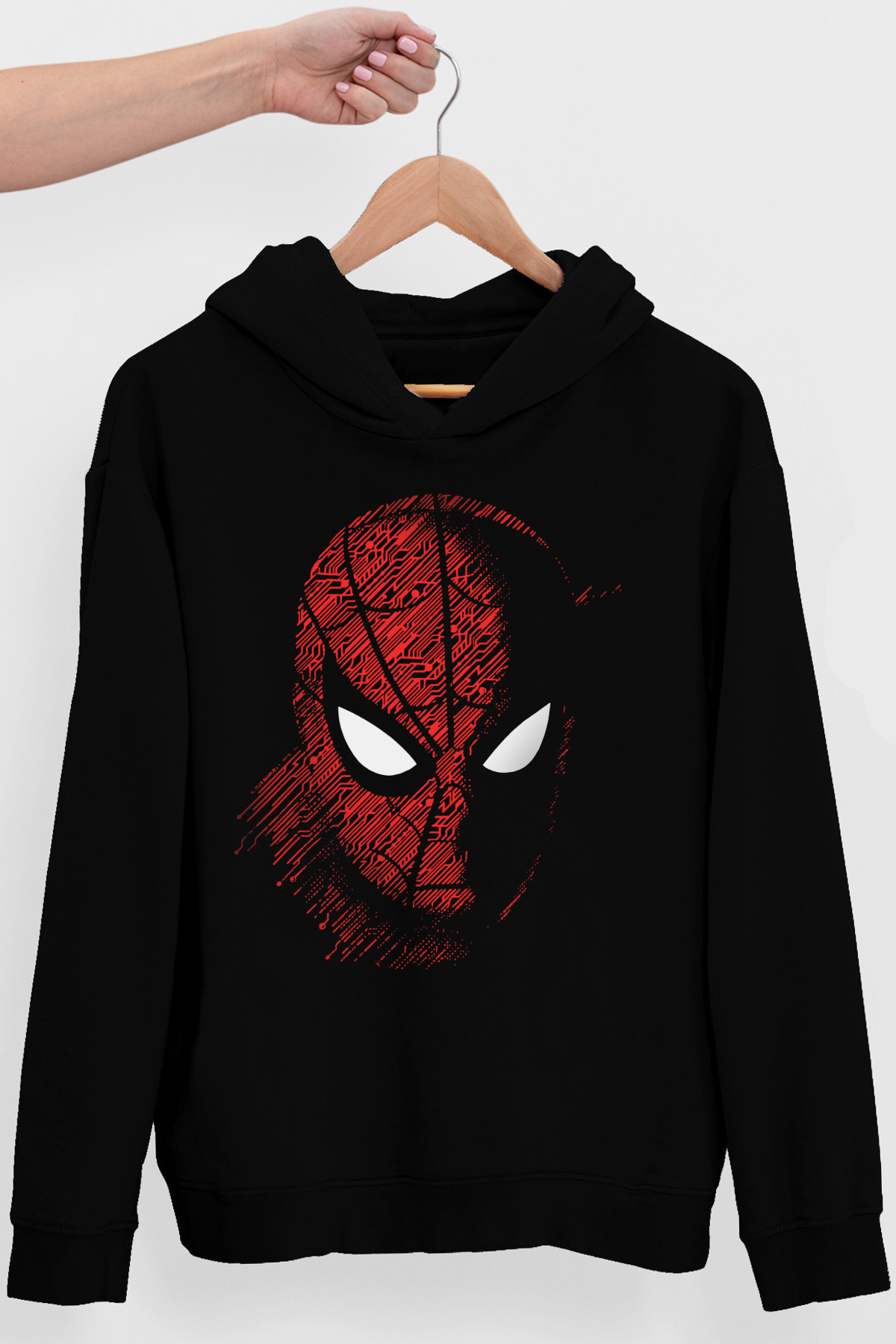 Dijital Örümcek Siyah Kapüşonlu Erkek Sweatshirt