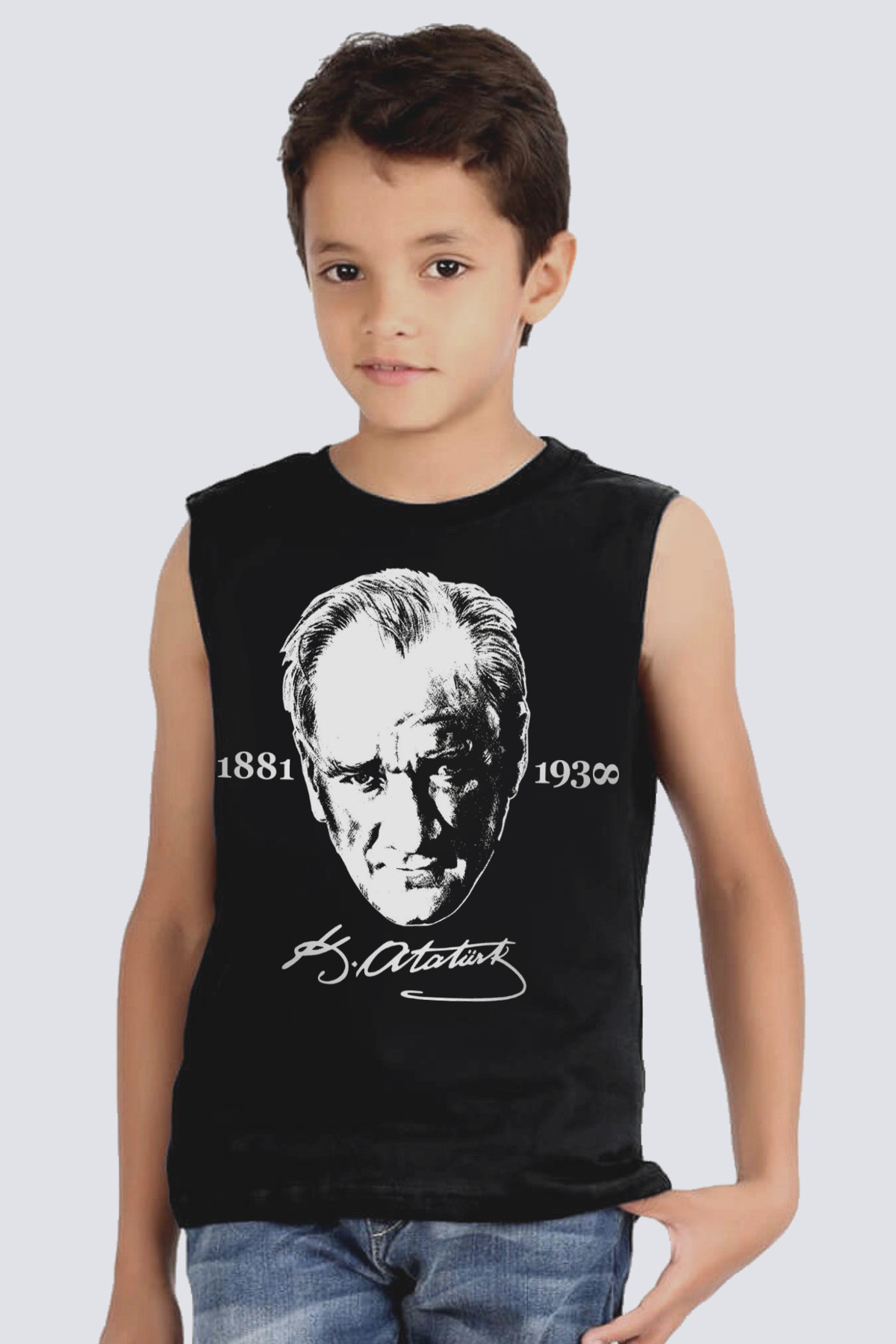 İmzalı Atatürk Kesik Kol | Kolsuz Siyah Çocuk Tişört | Atlet