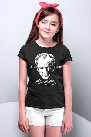 İmzalı Atatürk Kısa Kollu Siyah Çocuk Tişört - Thumbnail
