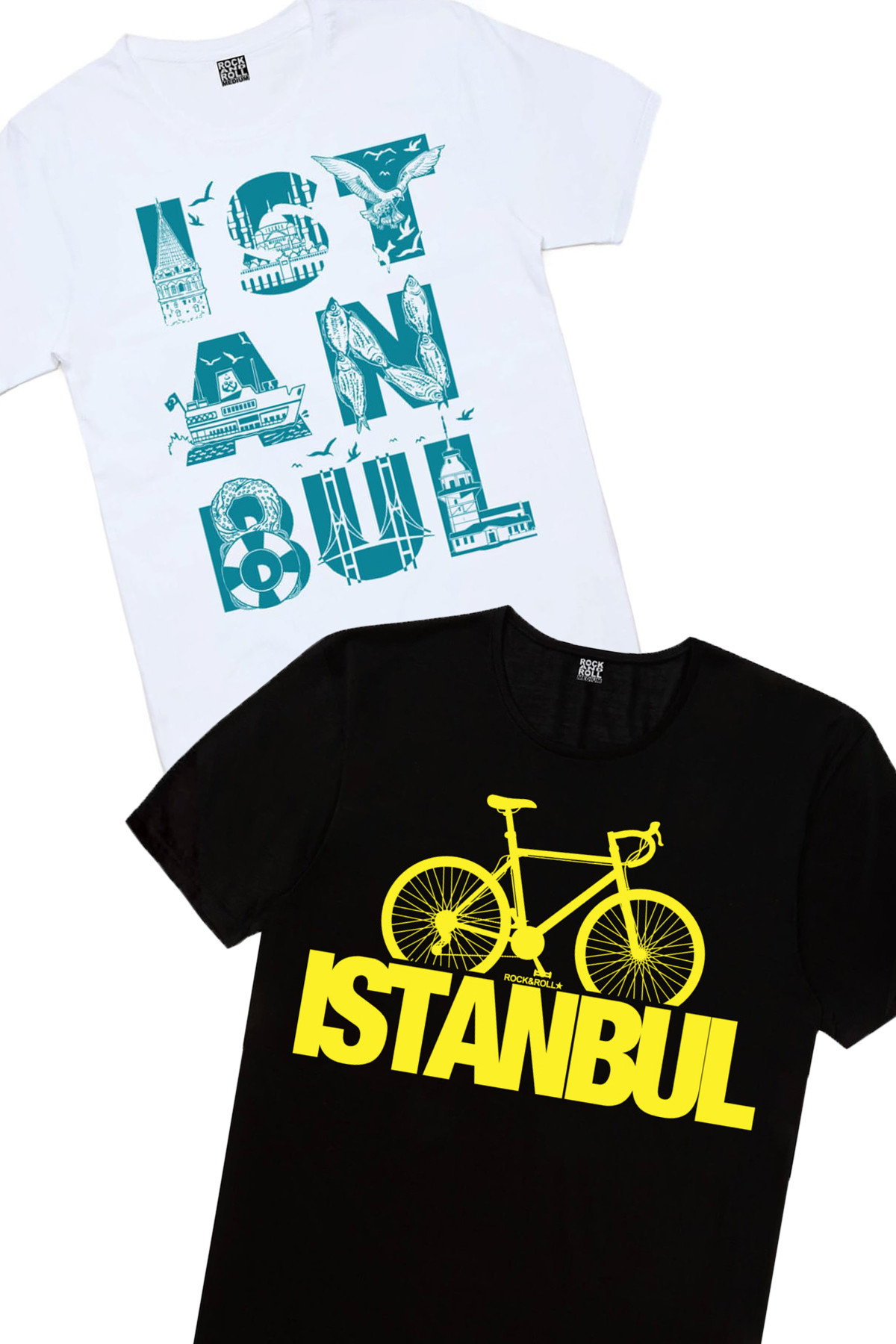 İstanbul Bisiklet Siyah, İstanbul Harfler Beyaz Kadın 2'li Eko Paket T-shirt