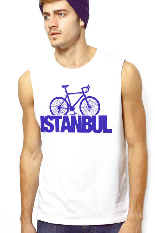 İstanbul Bisiklet Beyaz Kesik Kol | Kolsuz Erkek T-shirt | Atlet