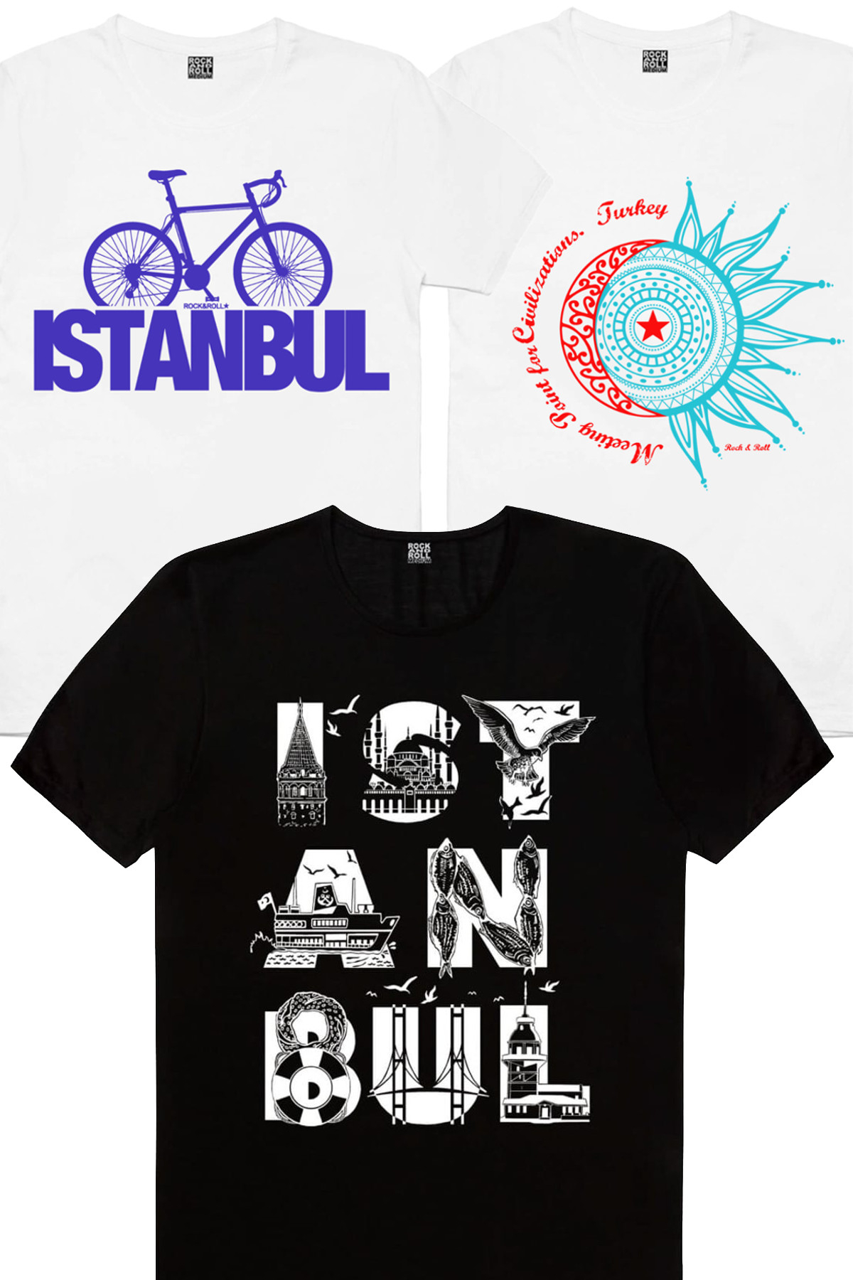 İstanbul Bisiklet Beyaz, Türkiye Ay Yıldız Beyaz, İstanbul Harfler Siyah Erkek 3'lü Eko Paket T-shirt