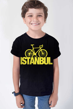 İstanbul Bisiklet Kısa Kollu Siyah Çocuk T-shirt - Thumbnail