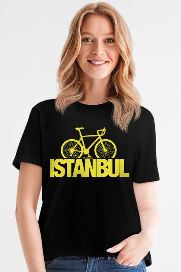 İstanbul Bisiklet Siyah Kısa Kollu Kadın T-shirt