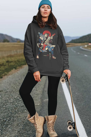  - Japon Bascı Antrasit Kapüşonlu Kalın Oversize Kadın Sweatshirt