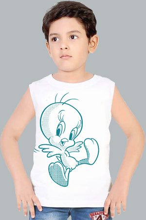 Neşeli Kuş Beyaz Kesik Kol | Kolsuz Erkek Çocuk T-shirt - Thumbnail