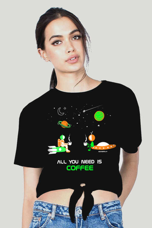 Rock & Roll - Kadın Siyah Uzayda Kahve Kesik Crop Top Bağlı T-shirt