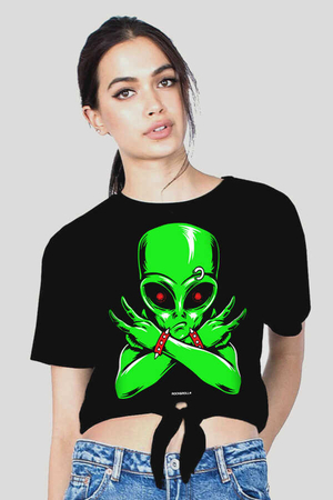Rock & Roll - Kadın Siyah Uzaylı Rocker Kesik Crop Top Bağlı T-shirt