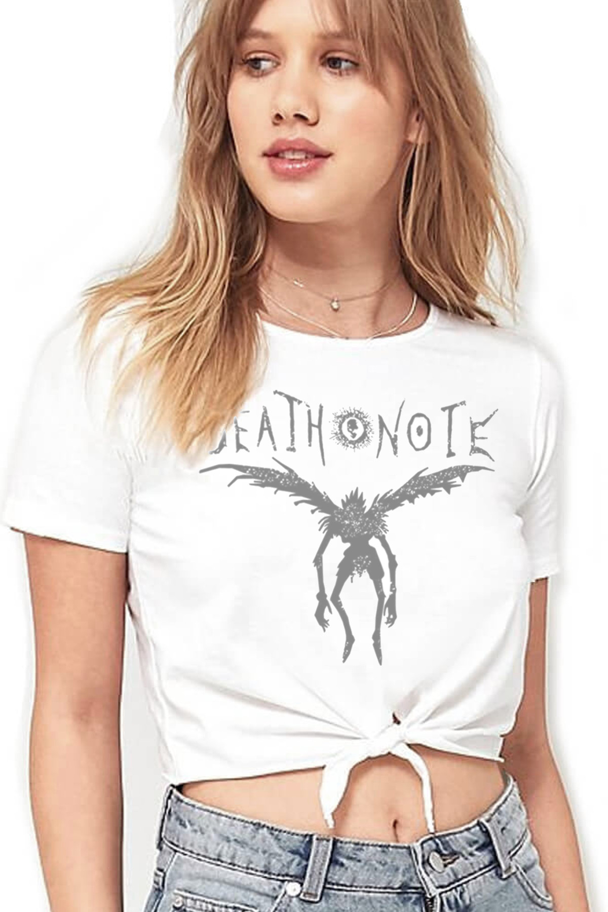 Kanatlı Not Beyaz Kısa, Kesik Bağlı Crop Top Kadın T-shirt