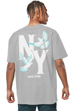Ny Güvercinleri Gri Oversize Arka Baskılı Kısa Kollu Erkek T-shirt - Thumbnail