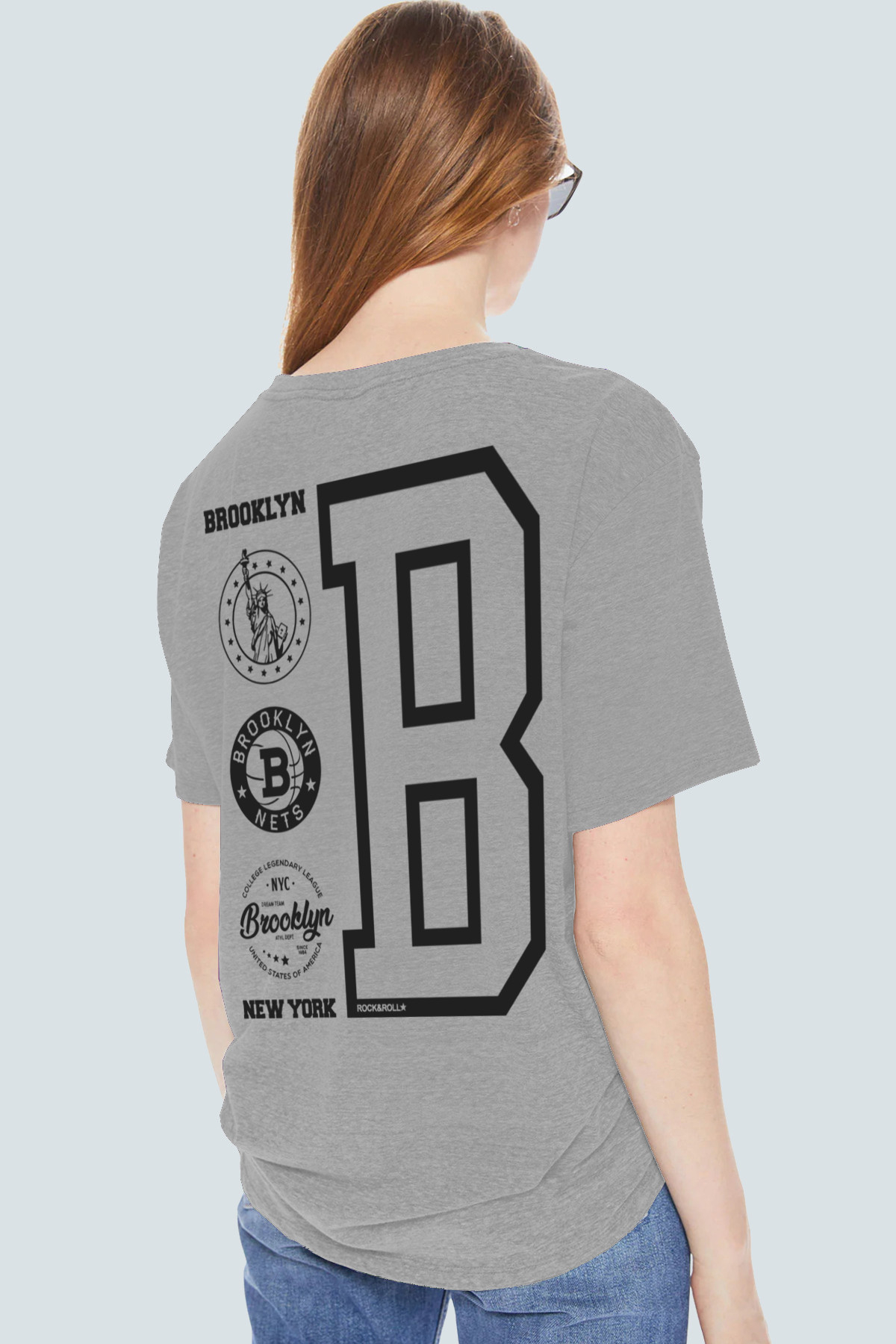 Brooklyn Logo Gri Arka Baskılı Oversize Kısa Kollu Kadın T-shirt
