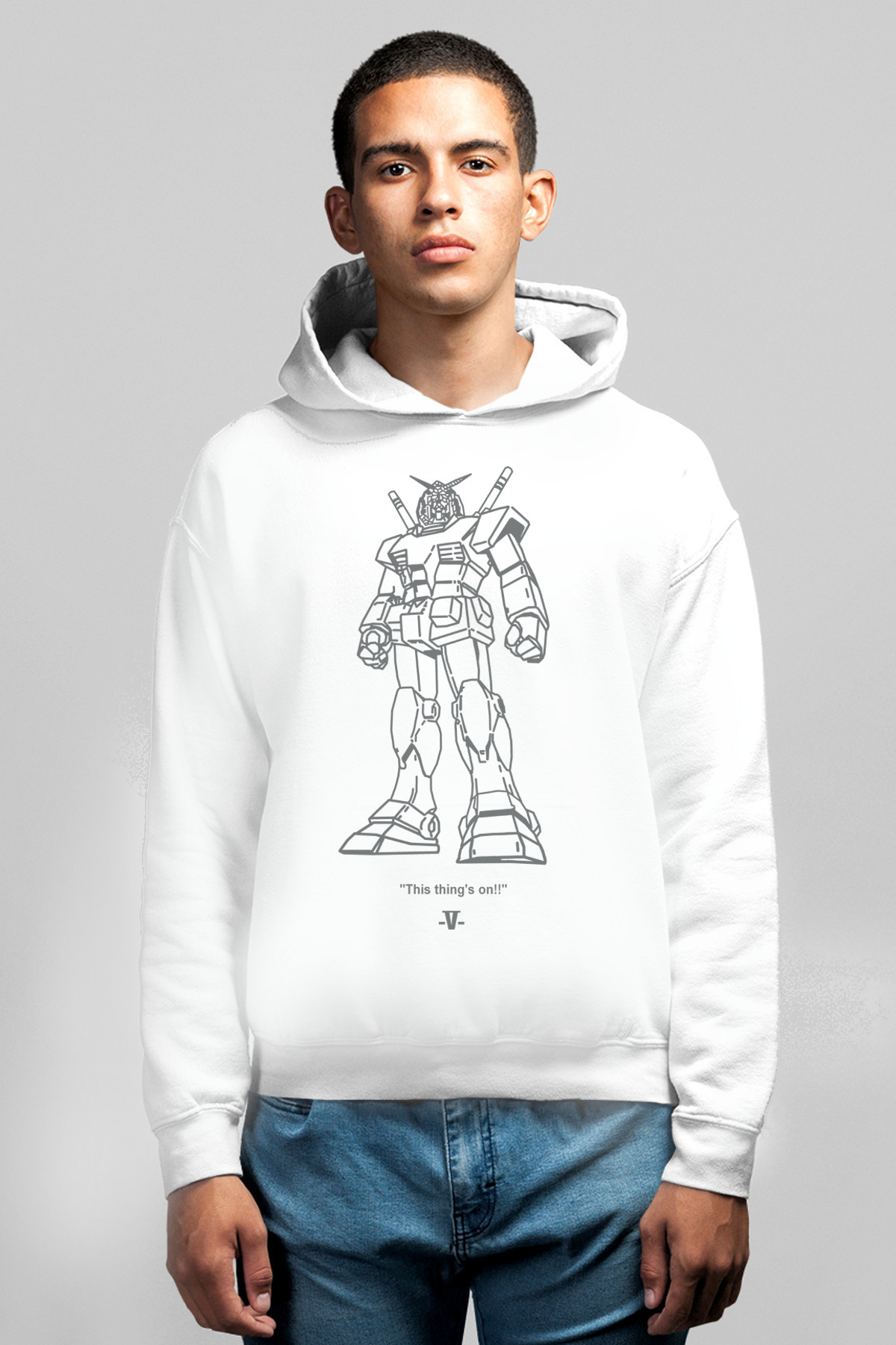 Robotic Ön ve Arka Baskılı Beyaz Kapüşonlu Erkek Sweatshirt
