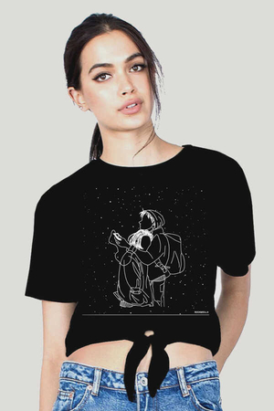 Rock & Roll - Karlar Düşer Siyah Kesik Crop Top Bağlı Kadın T-shirt