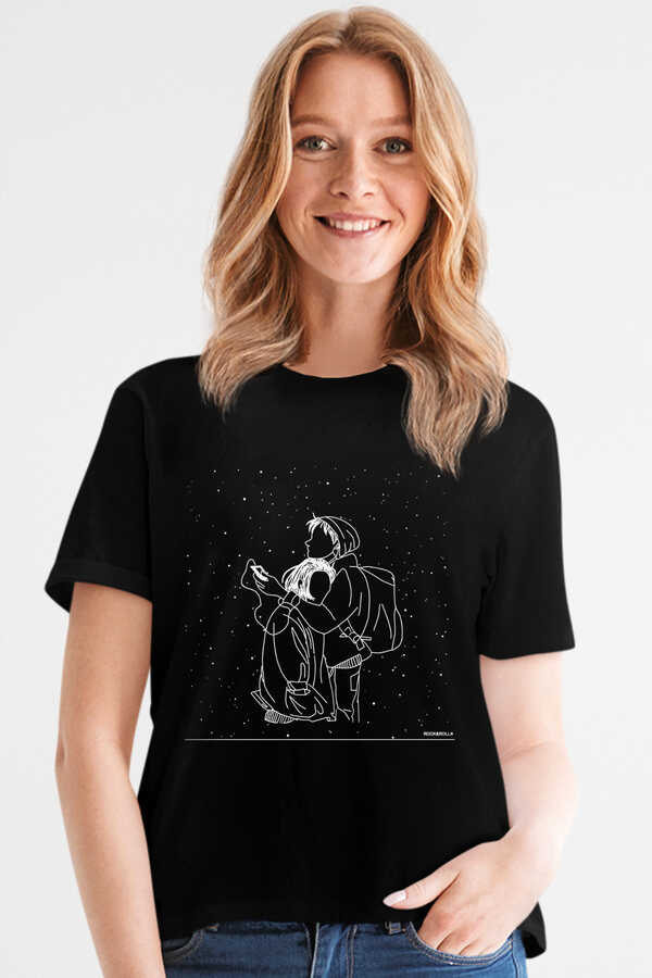 Karlar Düşer Siyah Kısa Kollu Kadın T-shirt
