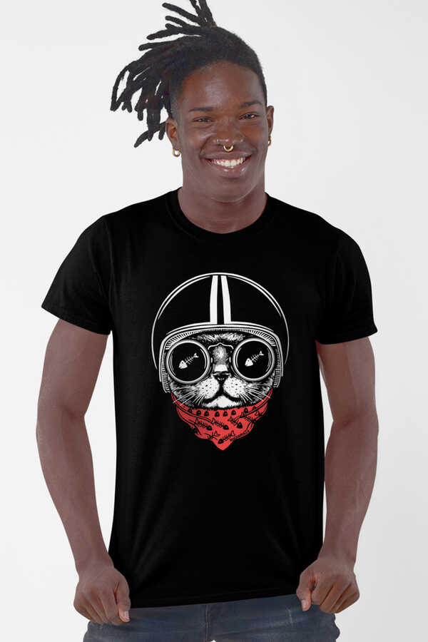 Kasklı Kedi Kısa Kollu Siyah Erkek T-shirt