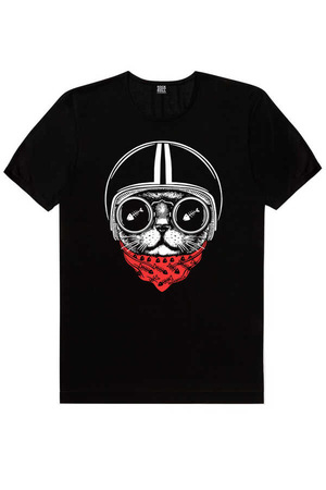 Kasklı Kedi Kısa Kollu Siyah Erkek T-shirt - Thumbnail