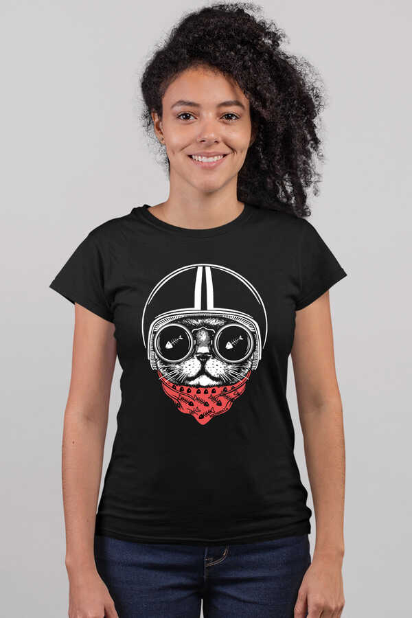 Kasklı Kedi Kısa Kollu Siyah Kadın T-shirt