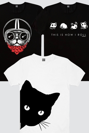  - Kasklı Kedi, Meraklı, Panda Taklası Kadın 3'lü Eko Paket T-shirt