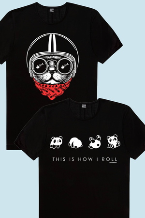 Rock & Roll - Kasklı Kedi, Panda Taklası Çocuk Tişört 2'li Eko Paket