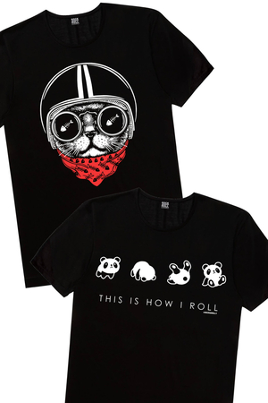 Rock & Roll - Kasklı Kedi, Panda Taklası Kadın 2'li Eko Paket T-shirt
