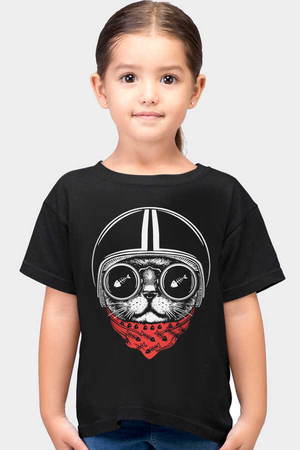 Kasklı Kedi Siyah Kısa Kollu Çocuk T-shirt - Thumbnail