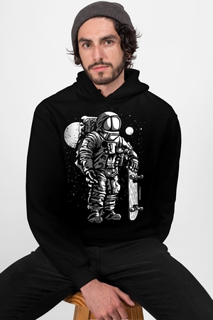 Kaykaycı Astronot Siyah Kapşonlu Erkek Sweatshirt - Thumbnail