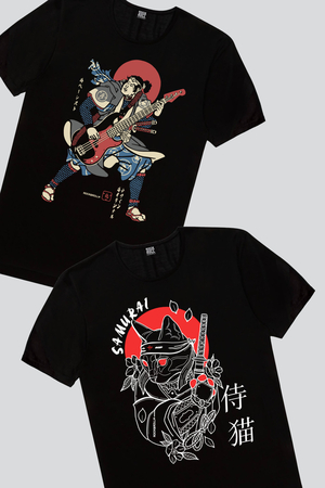 Rock & Roll - Kedi Samuray, Japon Bascı Erkek Tişört 2'li Eko Paket