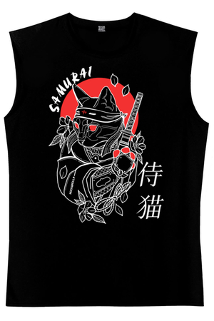 Kedi Samuray Siyah Kesik Kol | Kolsuz Erkek T-shirt | Atlet - Thumbnail