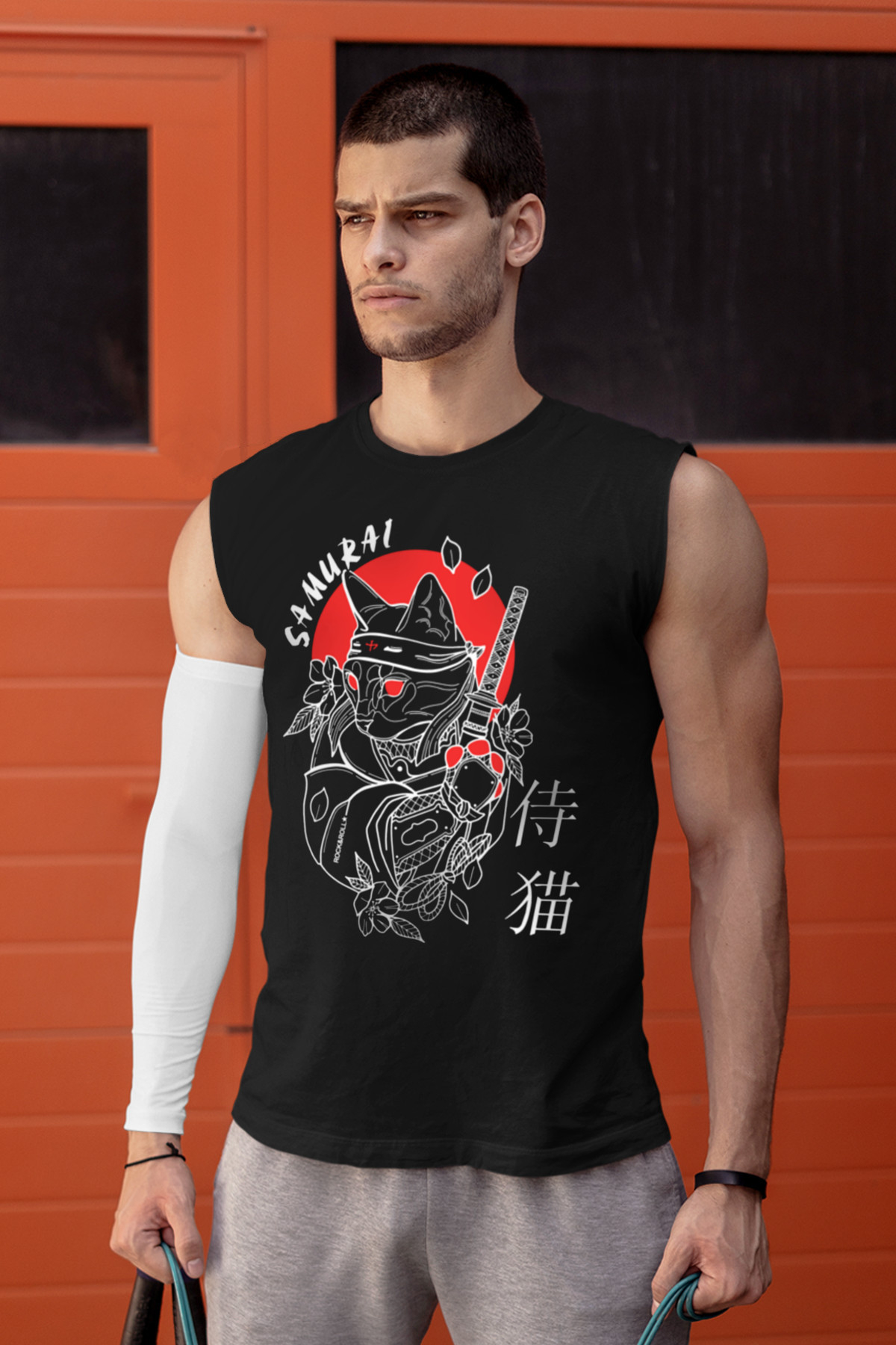 Kedi Samuray Siyah Kesik Kol | Kolsuz Erkek T-shirt | Atlet