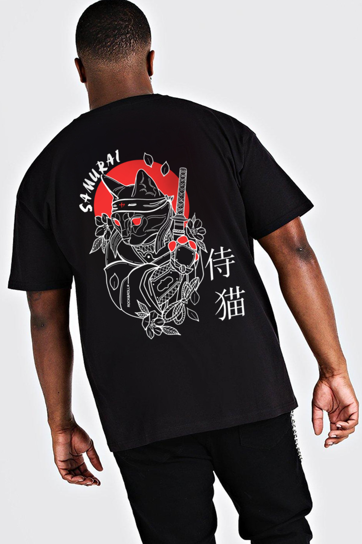 Kedi Samuray Siyah Kısa Kollu Arka Baskılı Erkek Oversize T-shirt