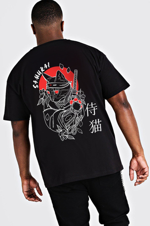 Rock & Roll - Kedi Samuray Siyah Kısa Kollu Arka Baskılı Erkek Oversize T-shirt