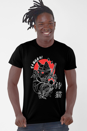 Kedi Samuray Siyah Kısa Kollu Erkek T-shirt - Thumbnail