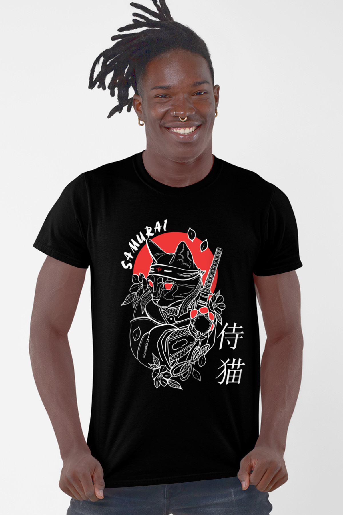 Kedi Samuray Siyah Kısa Kollu Erkek T-shirt