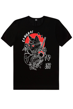 Kedi Samuray Siyah Kısa Kollu T-shirt - Thumbnail