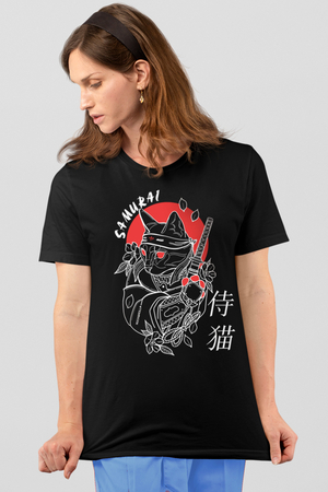Kedi Samuray Siyah Kısa Kollu Kadın T-shirt - Thumbnail