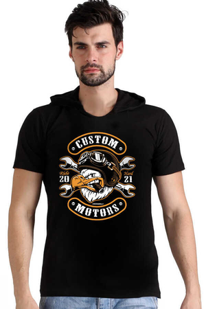 Rock & Roll - Kızgın Kartal Siyah Kapşonlu Kısa Kollu Erkek T-shirt