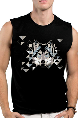 Geometrik Kurt Siyah Kesik Kol Erkek T-shirt - Thumbnail