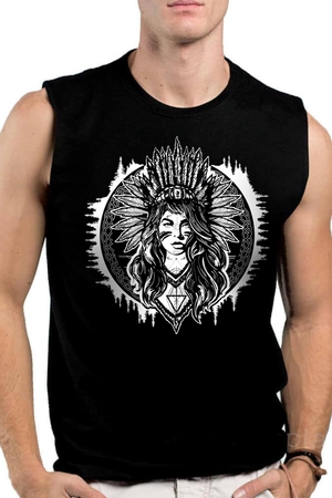 Rock & Roll - Kızılderili Kız Kesik Kol Siyah Erkek T-shirt