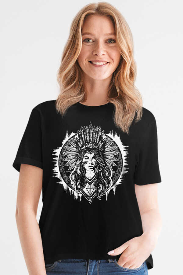 Kızılderili Kız Kısa Kollu Siyah Kadın T-shirt