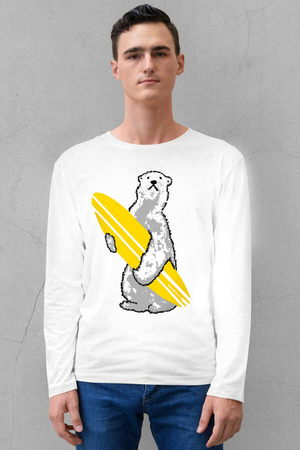  - Kutup Sörfü Beyaz Bisiklet Yaka Uzun Kollu Penye Erkek T-shirt