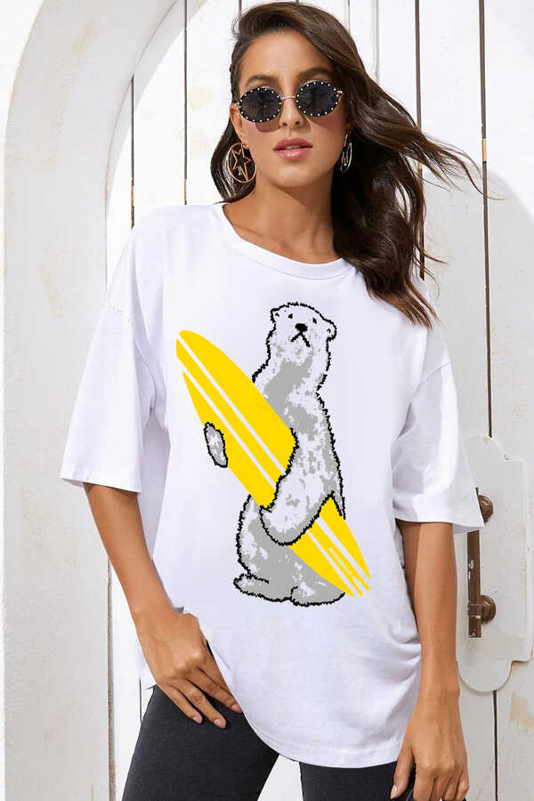 Kutup Sörfü Beyaz Oversize Kısa Kollu Kadın T-shirt