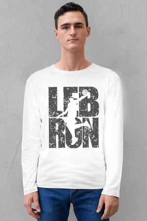  - Lebron Yazı Beyaz Bisiklet Yaka Uzun Kollu Penye Erkek T-shirt