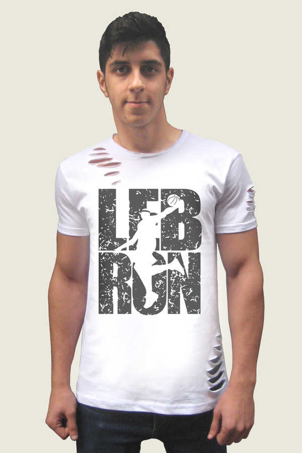 Lebron Yazı Kısa Kollu Yırtık Ripped Beyaz T-shirt