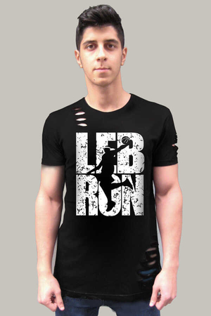 Rock & Roll - Lebron Yazı Kısa Kollu Yırtık Ripped Siyah T-shirt