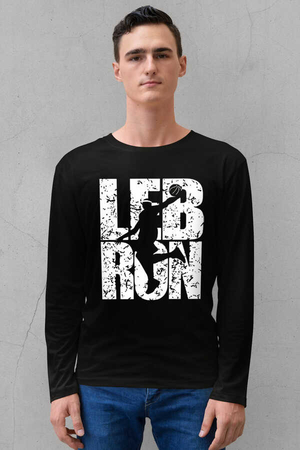 Lebron Yazı Siyah Bisiklet Yaka Uzun Kollu Penye Erkek T-shirt - Thumbnail