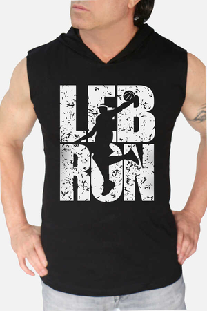 Rock & Roll - Lebron Yazı Siyah Kapşonlu Kesik Kol | Kolsuz Erkek T-shirt