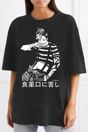 Manga Boy Antrasit Oversize Kısa Kollu Kadın T-shirt - Thumbnail