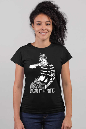 Manga Boy Kısa Kollu Siyah Kadın T-shirt - Thumbnail