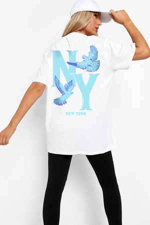  - Ny Güvercinleri Beyaz Arka Baskılı Oversize Kısa Kollu T-shirt